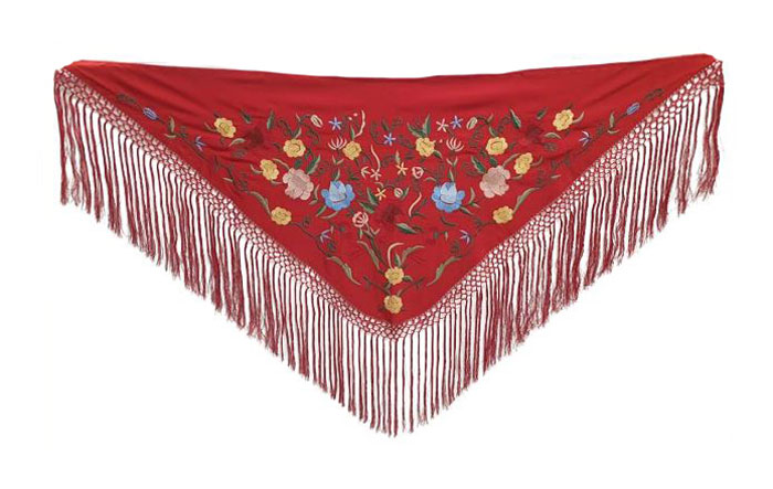Traditional Red Embroidered Small Shawl with Pink Blue and Yellow flowers